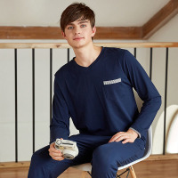 Contrast color stitching V-neck pajamas 05