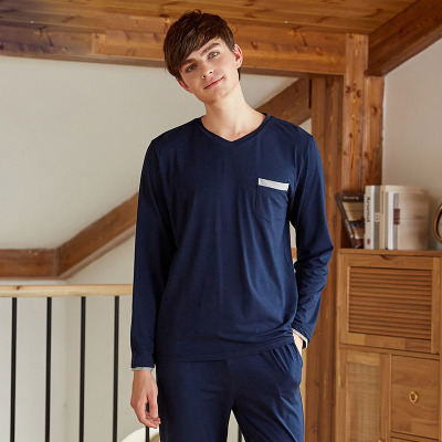 Contrast color stitching V-neck pajamas 05