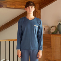 Contrast color stitching V-neck pajamas 05