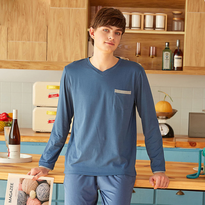 Contrast color stitching V-neck pajamas 05