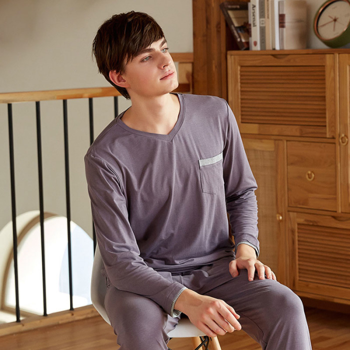 Contrast color stitching V-neck pajamas 05