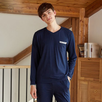 Contrast color stitching V-neck pajamas 05