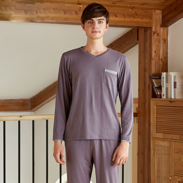Contrast color stitching V-neck pajamas 05