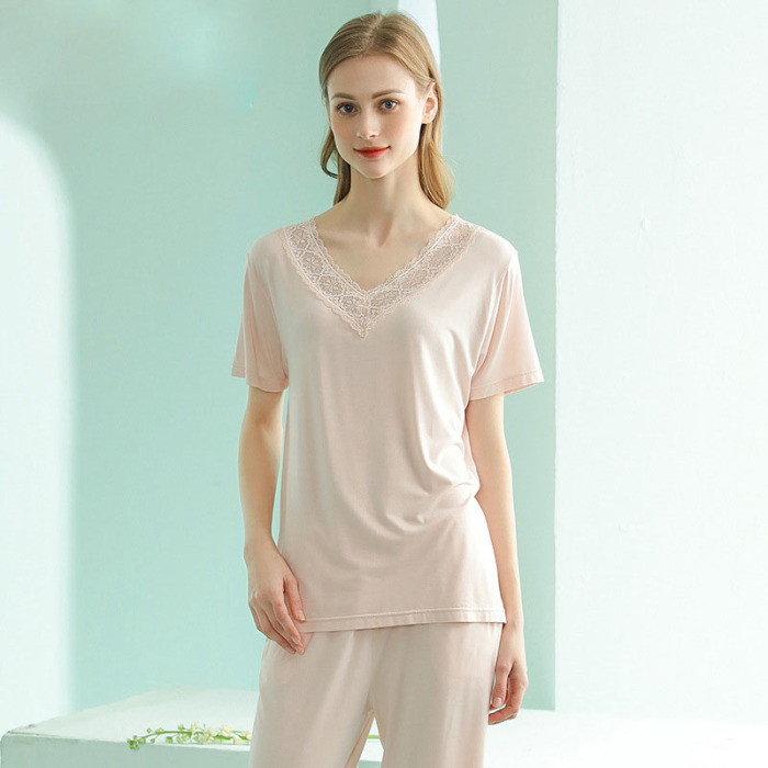 Feminine Lace V-Neck Pajamas 118